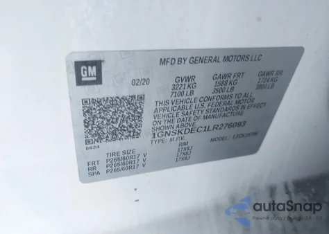 2020 Chevrolet Tahoe 4Wd Commercial Fleet z USA, uszkodzony, nr VIN 1GNSKDEC1LR276093